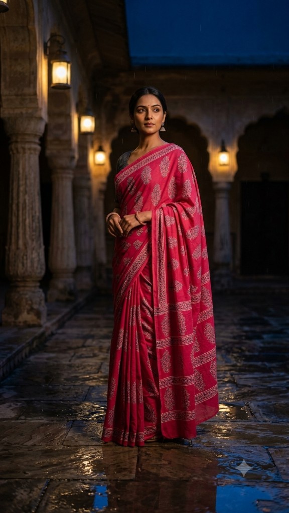 Woman in magenta floral saree