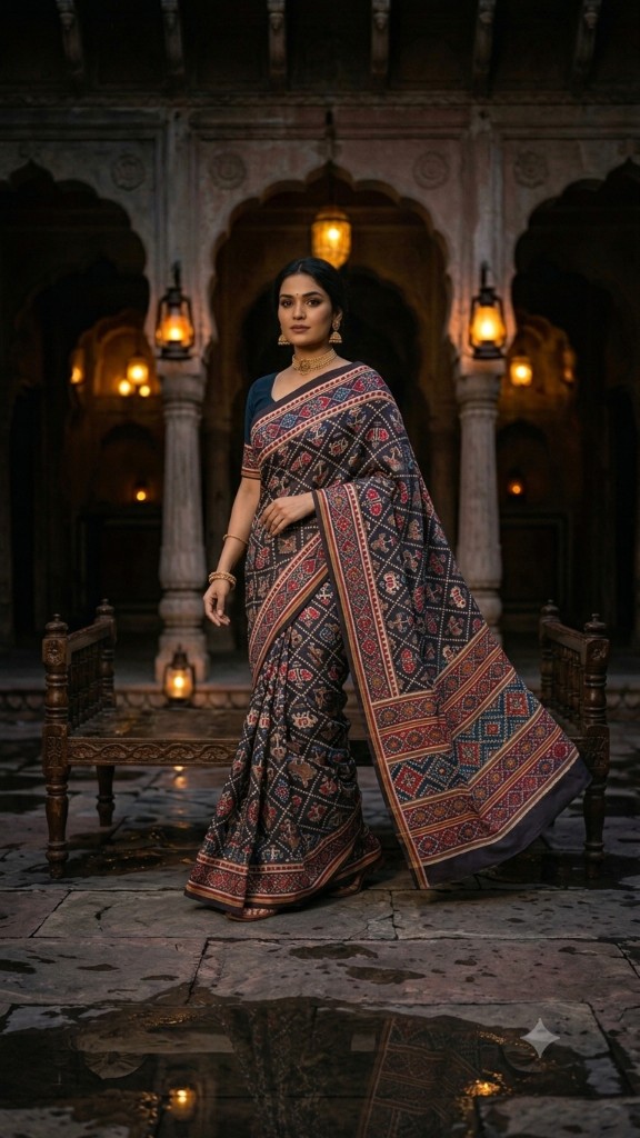 Woman in intricate patterned saree